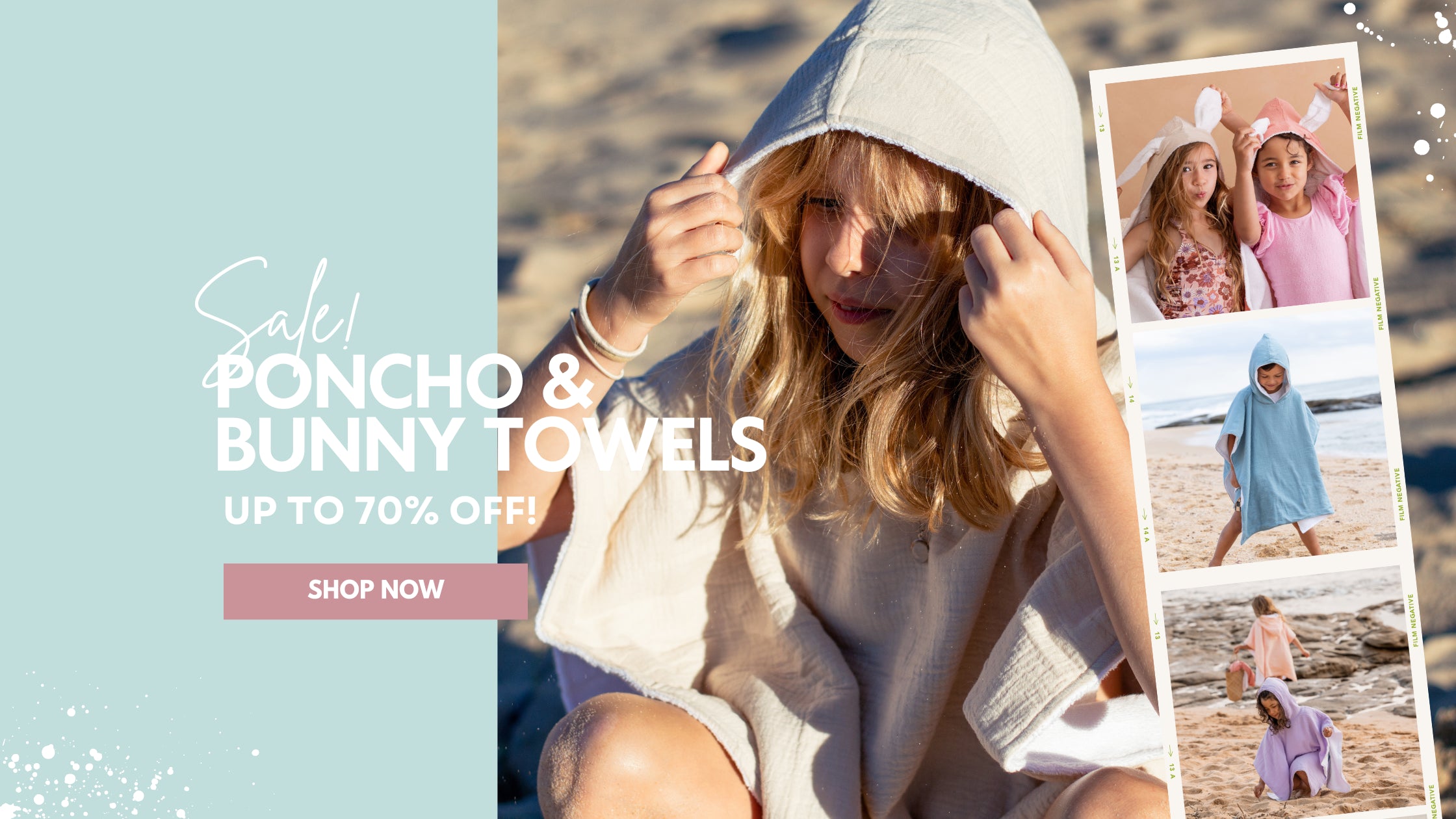 child wearing a hooded poncho on a beach with promotional text for sale on ponchos and bunny towels.