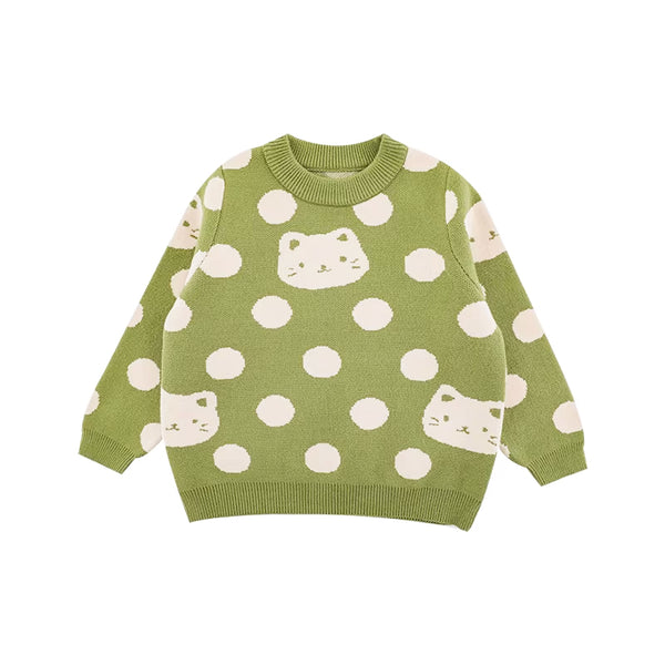 Girls Green Knit Kitty Jumper